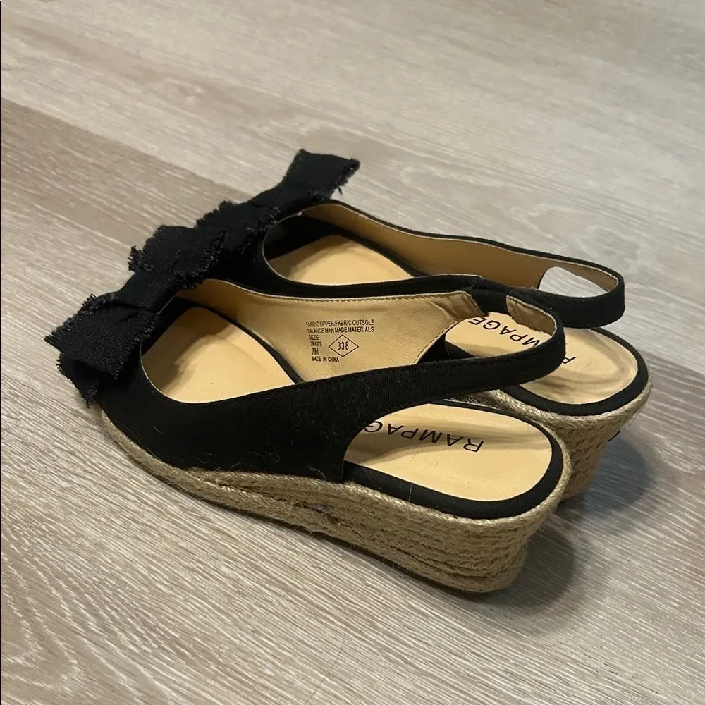 Rampage Dezie Wedge Slingbacks Raw Edge Black Linen Bows Espadrilles Sz 7